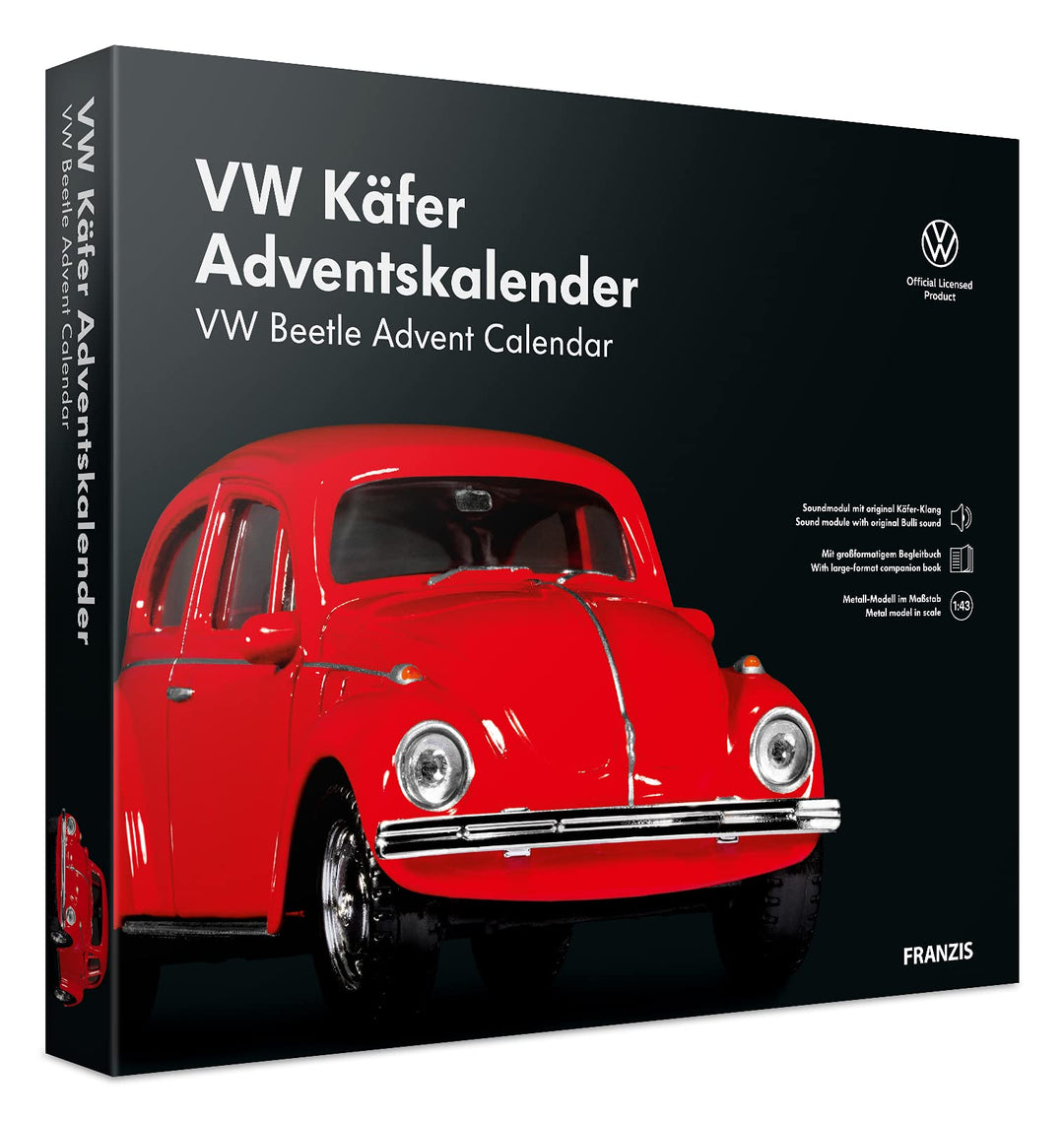 FRANZIS 55255 - VW Käfer Adventskalender rot, Metall Modellbausatz im Massstab 1:43, inkl. Soundmodu