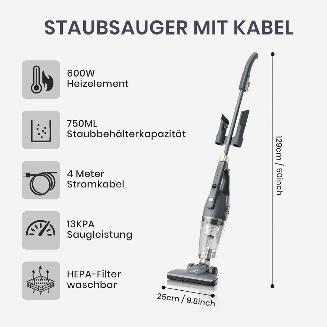 Stielstaubsauger mit Kabel 600W 13kPa Starker Staubsauger mit HEPA Filter und 2 in 1 Handstaubsauger