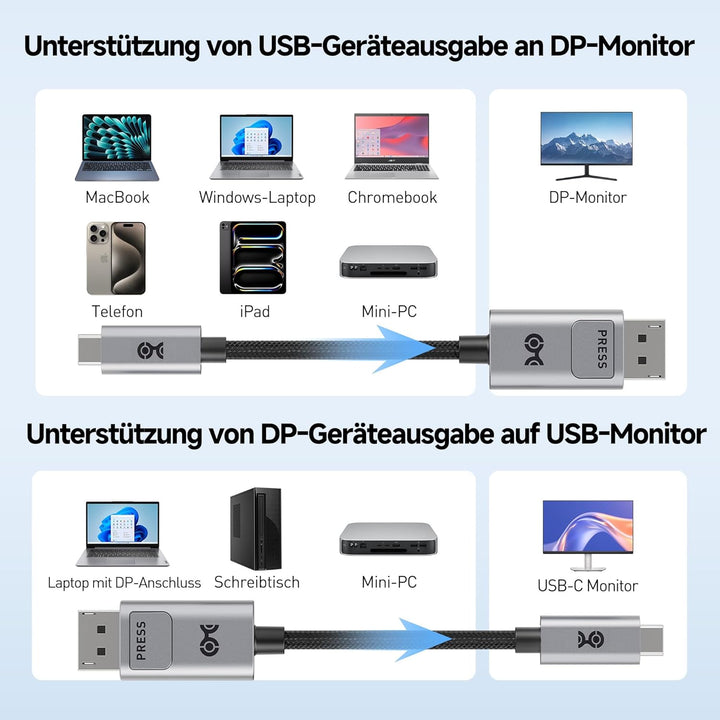 Cable Matters bidirektionales USB C auf DisplayPort 2.1 Kabel, DP40, 0,9m | 8K@120Hz, 4K@480Hz, UHBR