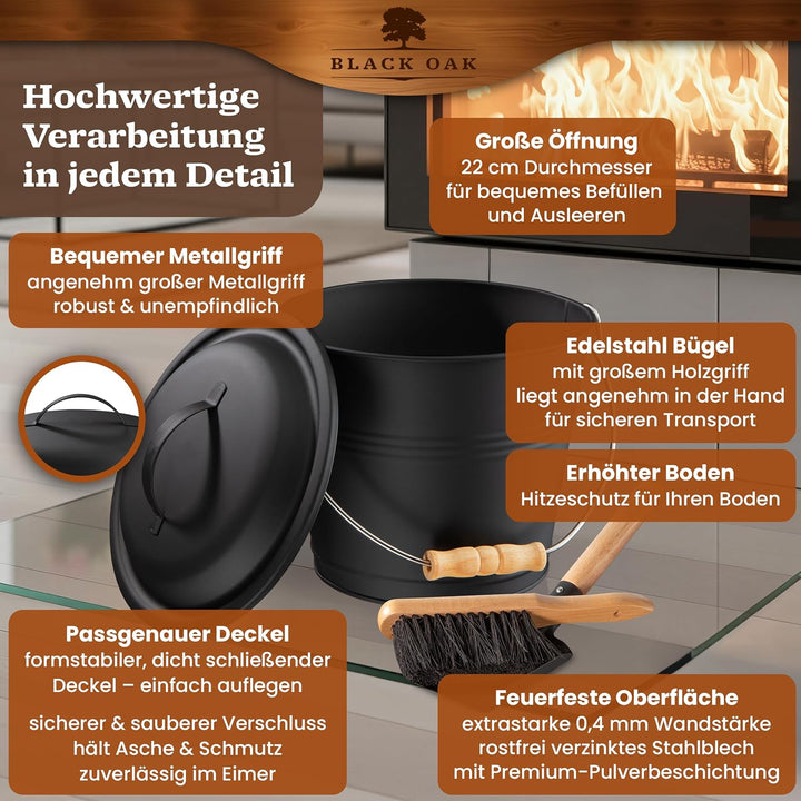 BLACK OAK Ascheeimer PITON 5L - schwarz mit Deckel mit Holz-Griff + Feger + Schaufel & Handschuhen -