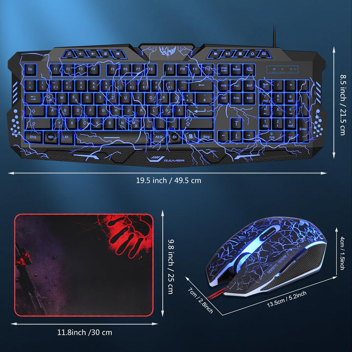Gaming Tastatur und Maus Set mit Headset, QWERTZ DE Layout, Crack Beleuchtete Tastatur, 4 Farben LED