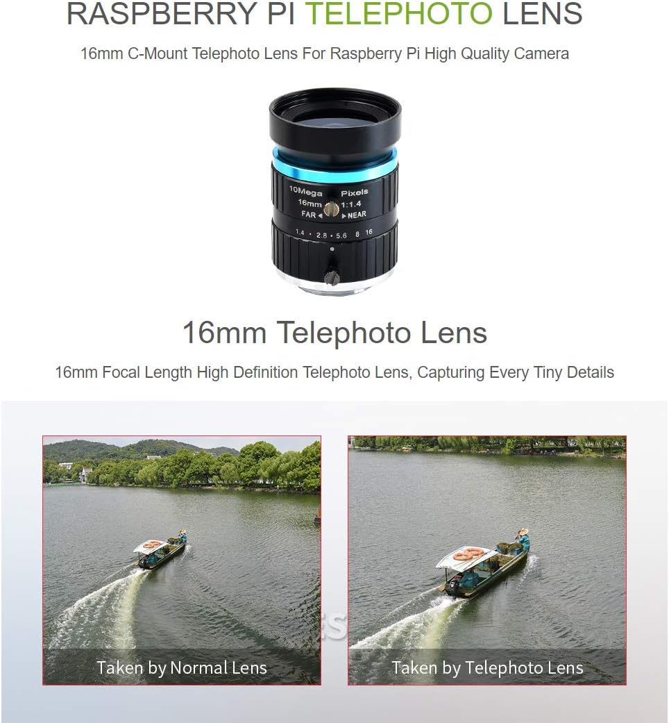 Waveshare Quality Industrial Telephoto Lens with 16mm Focal Length, Multi Field Angle and C-Mount Co