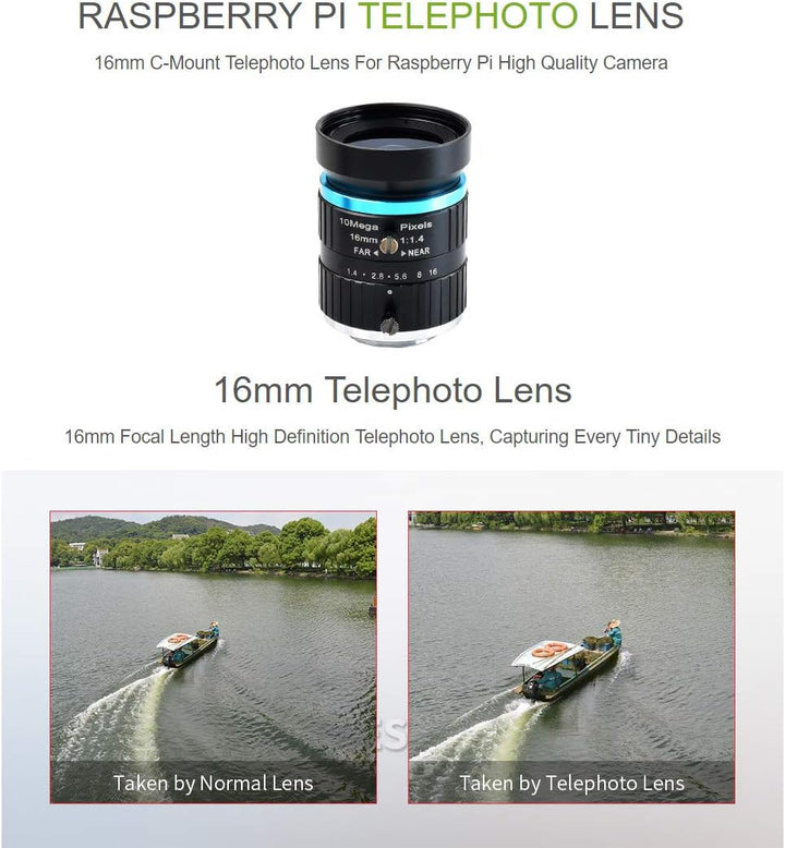 Waveshare Quality Industrial Telephoto Lens with 16mm Focal Length, Multi Field Angle and C-Mount Co