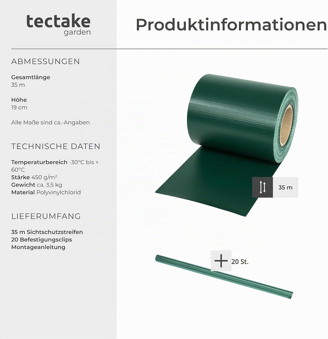 TecTake PVC Sichtschutzfolie Sichtschutzstreifen inkl. Befestigungsclips 450g/m² - Diverse Modelle -