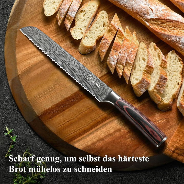 Sunnecko Brotmesser mit Wellenschliff - Brötchenmesser Brotschneidemesser aus Edelstahl, 20cm Klinge