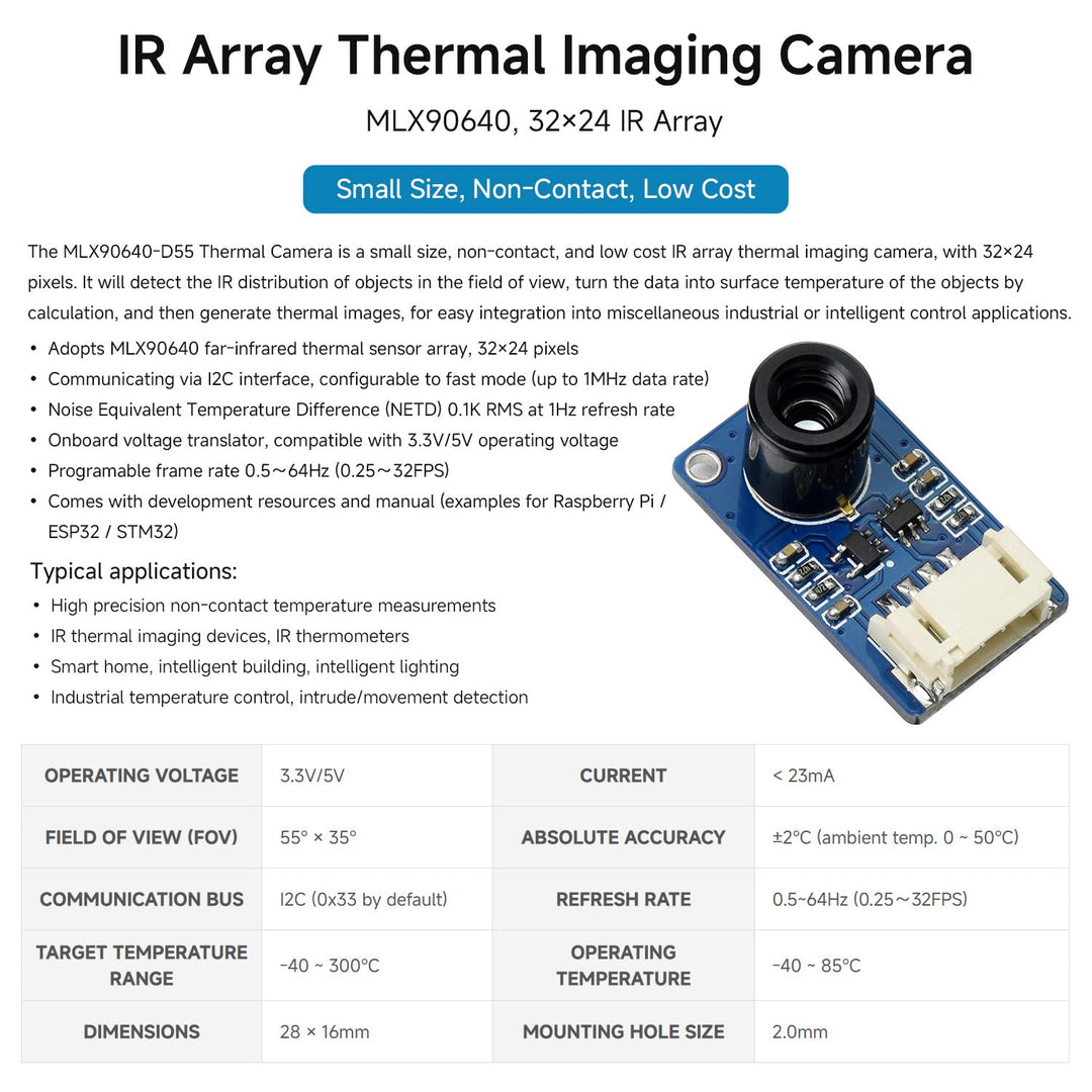 Waveshare MLX90640 IR Array Thermal Imaging Camera with 32×24 Pixels 55° Field of View Communicating