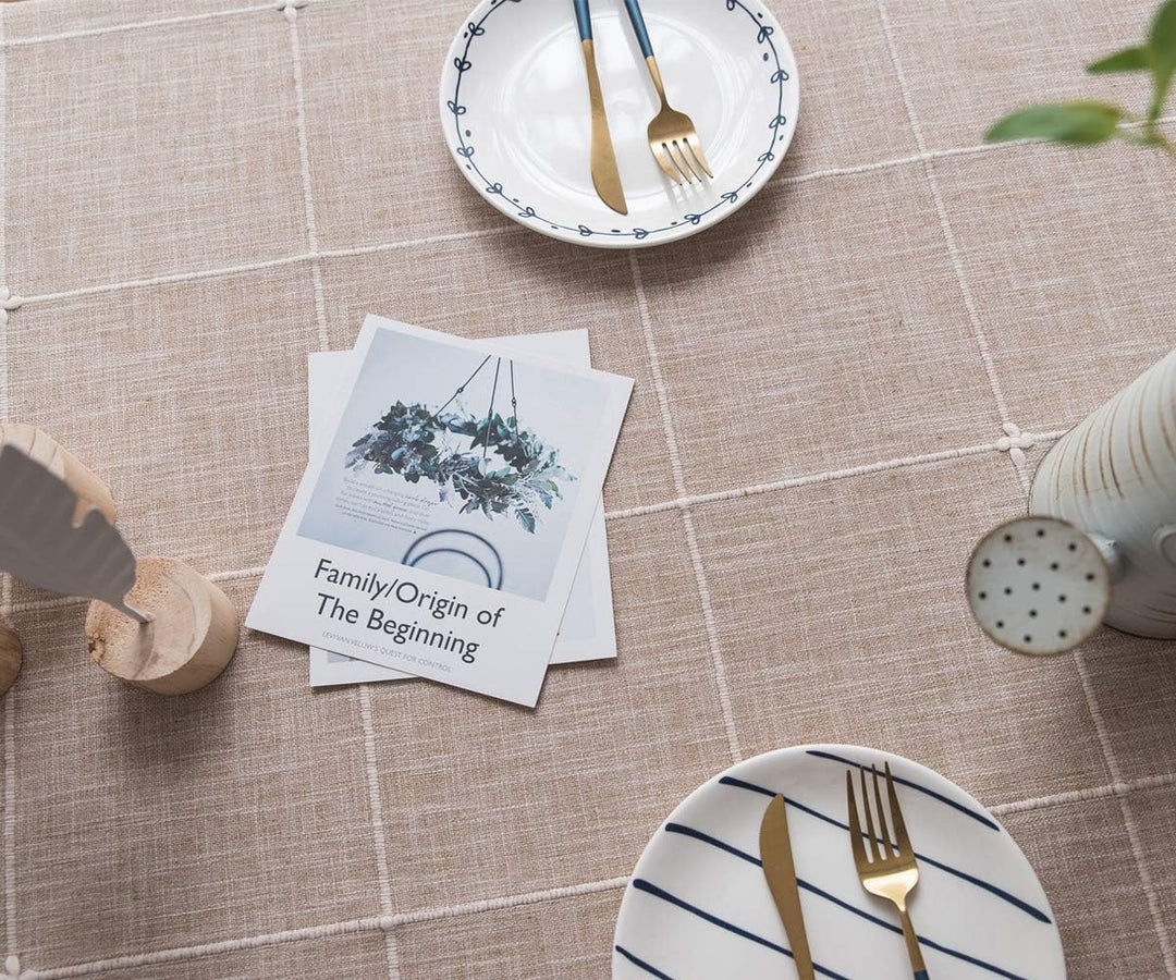 Plenmor Baumwoll-Leinen Tischdecke für Quadrat Tische solide Gitter-Stickerei Tischbedeckung für Küc