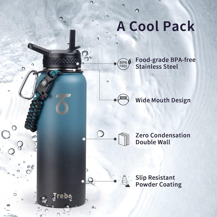 Trebo Isolierte Wasserflasche mit Paracord-Griff, lebensmittelecht, doppelwandig, vakuumiert, Edelst