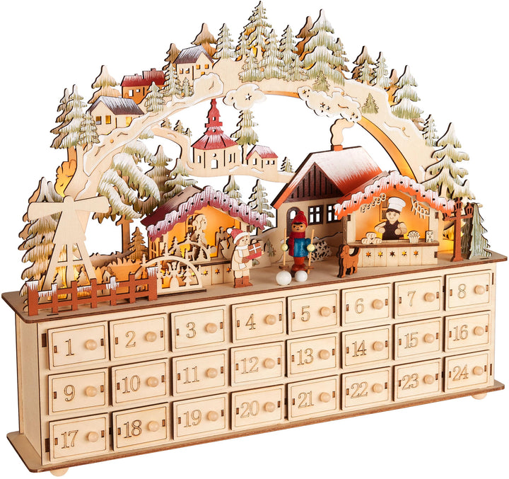 BRUBAKER Adventskalender zum Befüllen - Weihnachtsdorf 2025 - Weihnachtskalender aus Holz mit LED Be