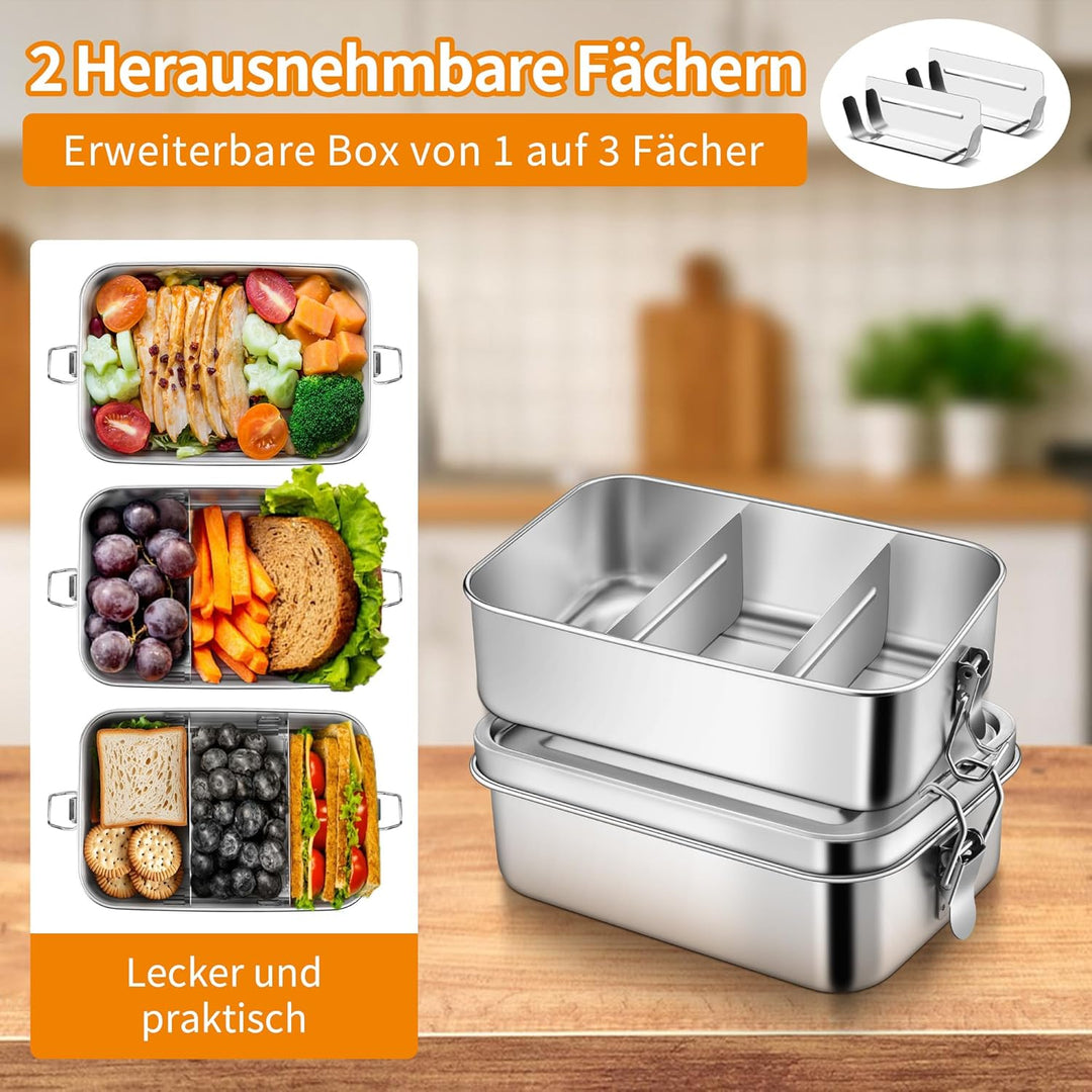 Joyfair Brotdose mit Fächern, 2 Stück Edelstahl Bento Box mit Abnehmbar Fächern für Erwachsene & Kin