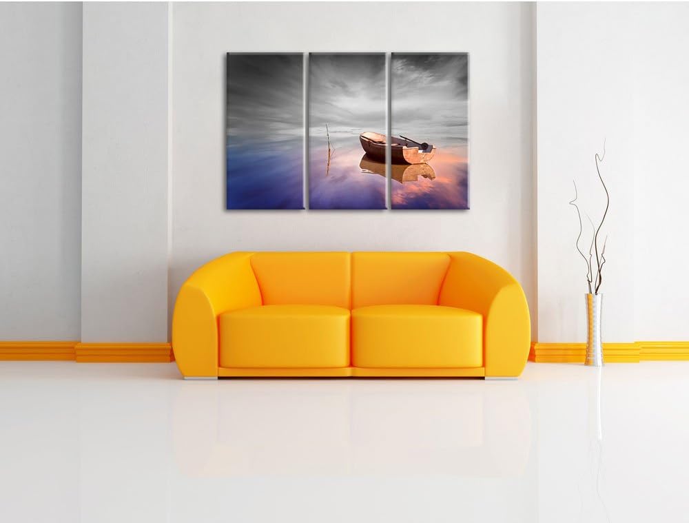 Pixxprint Einsames Boot auf See als Leinwandbild/Grösse: 3 Teilig (120x80) cm/Wandbild/Kunstdruck/fe