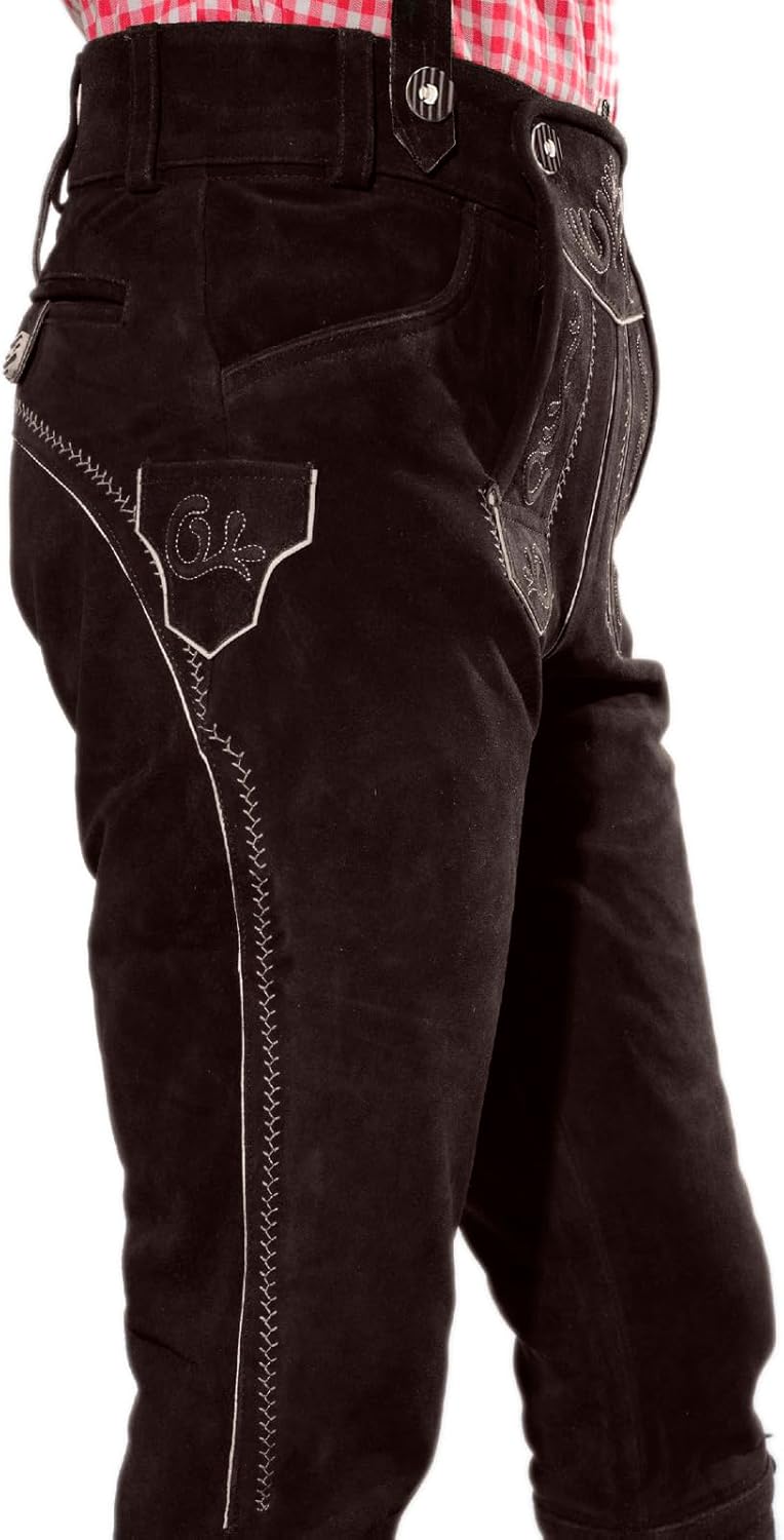 Bayerische Premium Herren Trachten Lederhose, Trachtenlederhose mit Trägern, original in Dunkelbraun