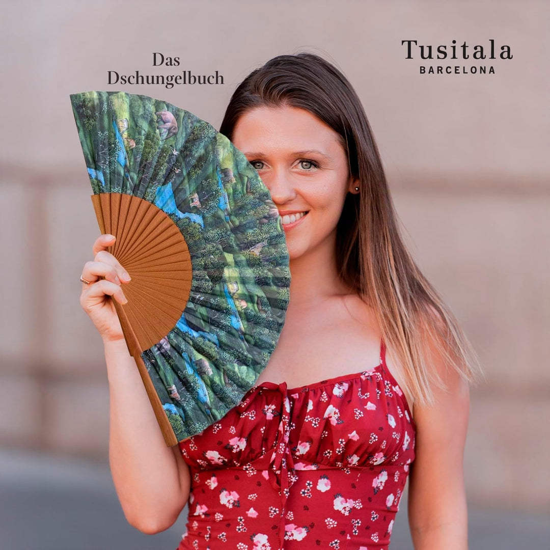 Spanischer Handfächer Diana – Holz und Baumwolle – 23 cm – Etui und Hülle aus Jute – Modeaccessoire