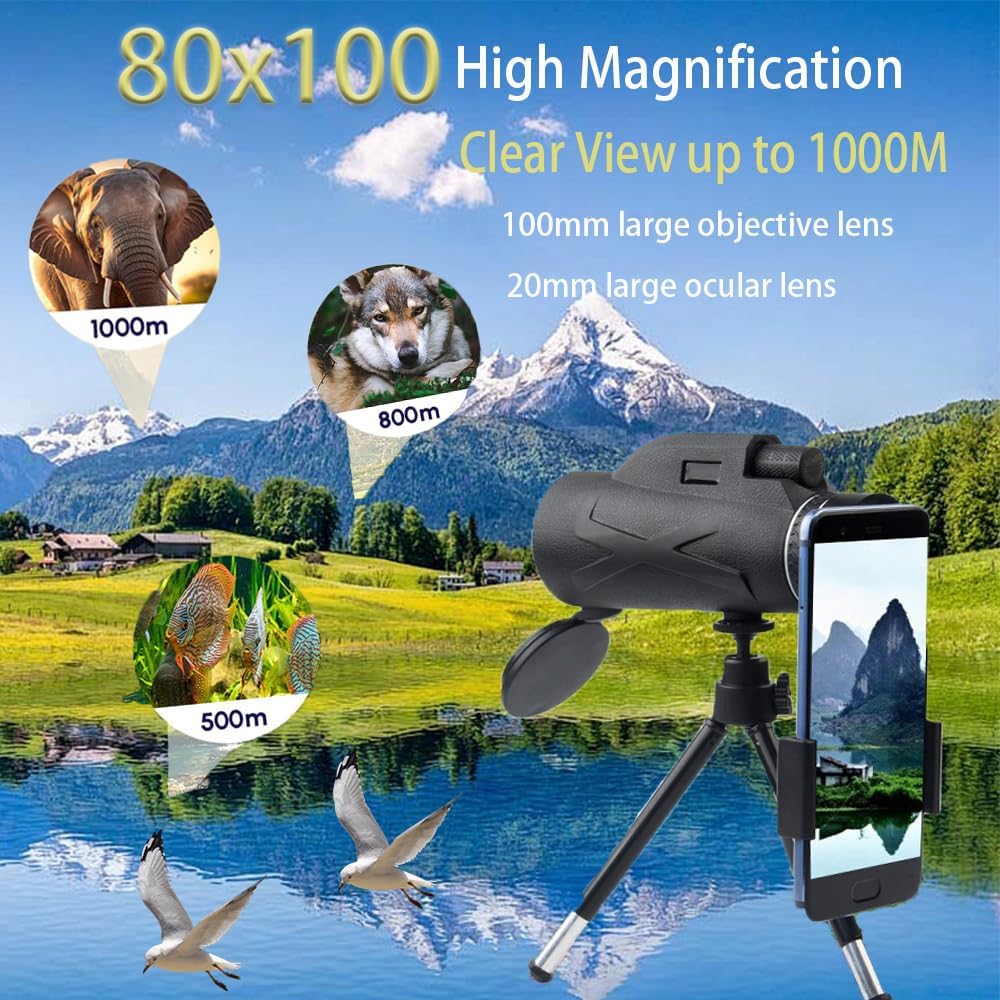 80x100 HD Monokular Teleskop für Erwachsene - Kompaktes Monokular Hochleistungs Teleskop mit BAK4 Pr