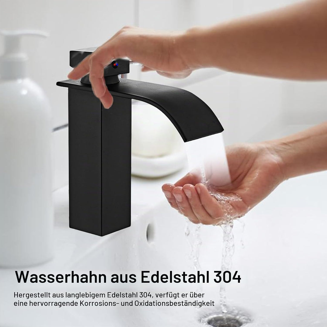 Touch-On Wasserhahn Bad Schwarz - Mattierte Wasserfall-Armatur mit Fingerprint-Schutz | Einhebelmisc