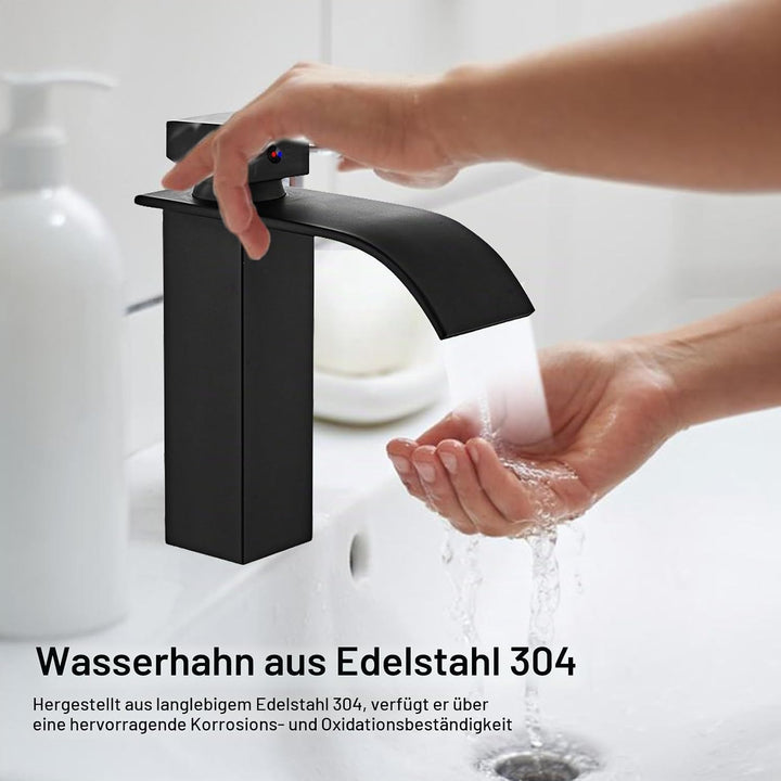 Touch-On Wasserhahn Bad Schwarz - Mattierte Wasserfall-Armatur mit Fingerprint-Schutz | Einhebelmisc