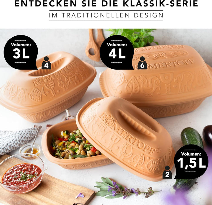 Römertopf Bräter Klassiker Keramik Dampfgarer aus Naturton für bis zu 4 Personen 3 Liter 2.5 Liter,