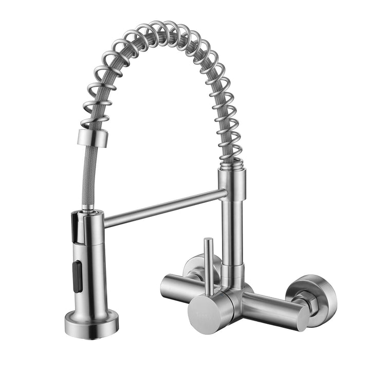 Küchenarmatur Wandmontage mit Herunterziehbare Brause, Hoch Gebogen Wandarmatur mit 2 Strahlarten, 3
