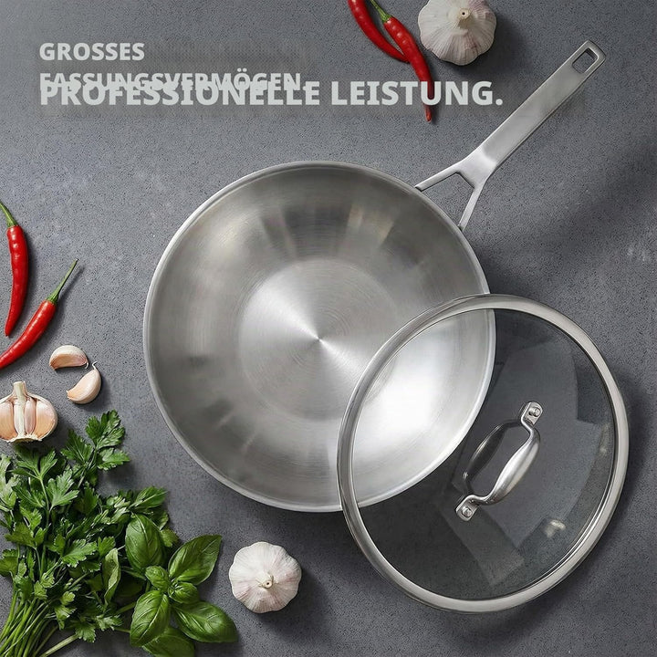 Inqibee Edelstahlpfanne 32cm Bratpfanne mit Deckel, Unbeschichtete Wok Pfanne für Induktion &amp; Gasher