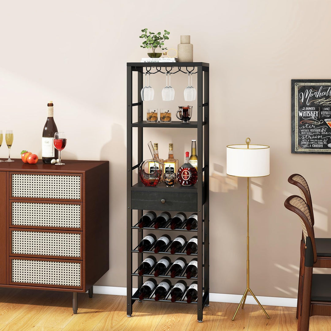 IBUYKE Weinregal, 4-Lagiges Freistehendes Weinregal Mit Glashalter Und Schublade, 16 Flaschenregal C