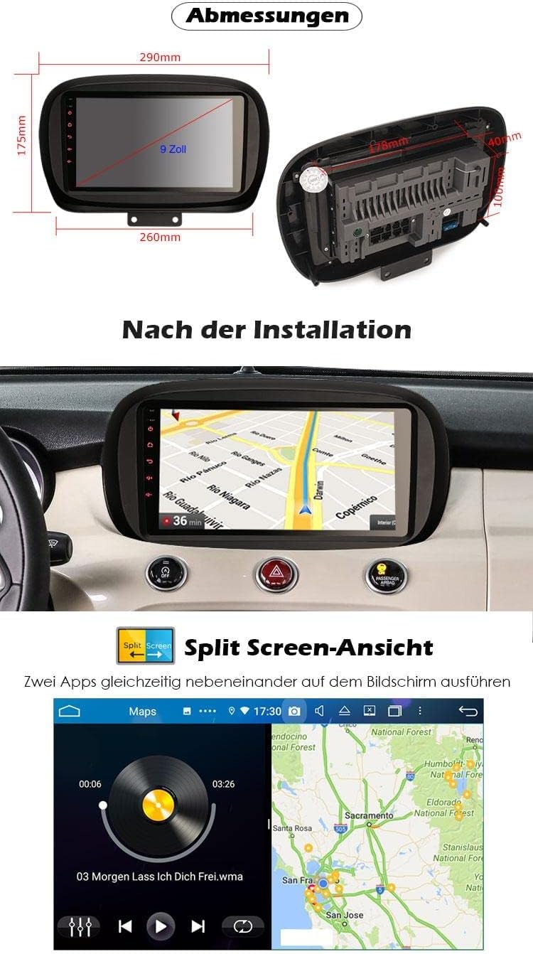 ERISIN 8-Kern Android 10 Autoradio Bluetooth GPS für FIAT 500X Navigation Unterstützt Carplay DSP An