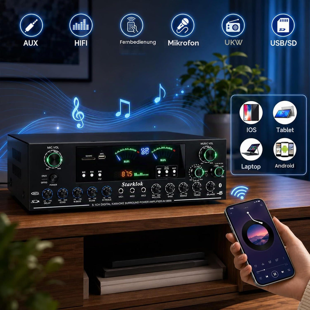 3000W Verstärker HiFi Stereo, 5.1-Channel Stereo Verstärker, 3 Mikrofoneingängen, Bluetooth 5.0, USB