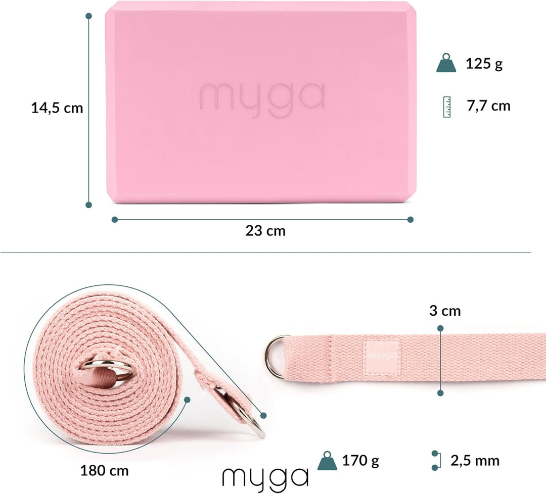 Myga Yoga Zubehör Set | 2 Rutschfeste Yoga Blöcke &amp; Verstellbarer Yoga Gurt | Perfekt für Anfänger &amp;