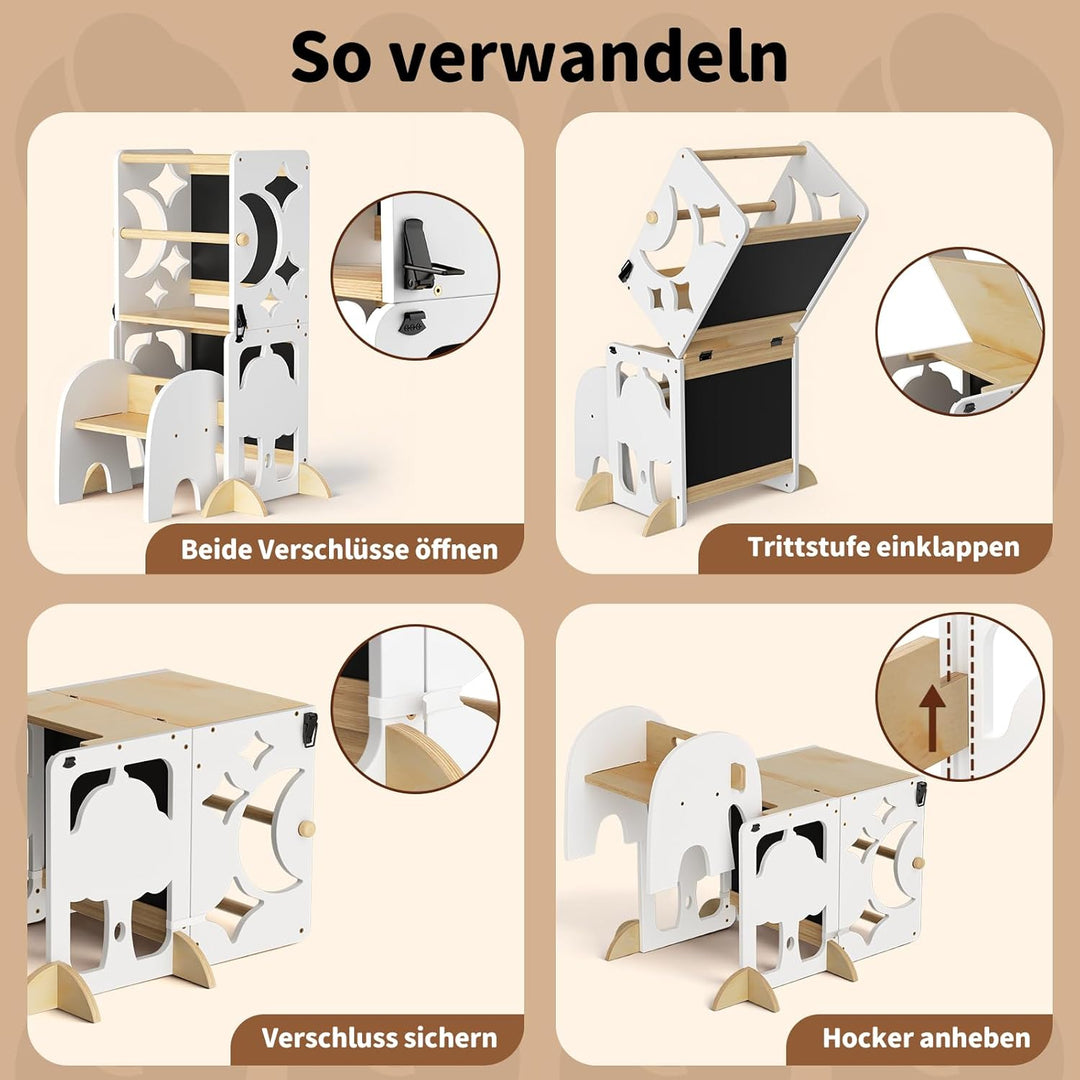 COSYLAND Lernturm ab 1 Jahr, klappbar – 4in1 Lernturm Kinder mit Doppeltafel, Stehhilfe & Schreibtis