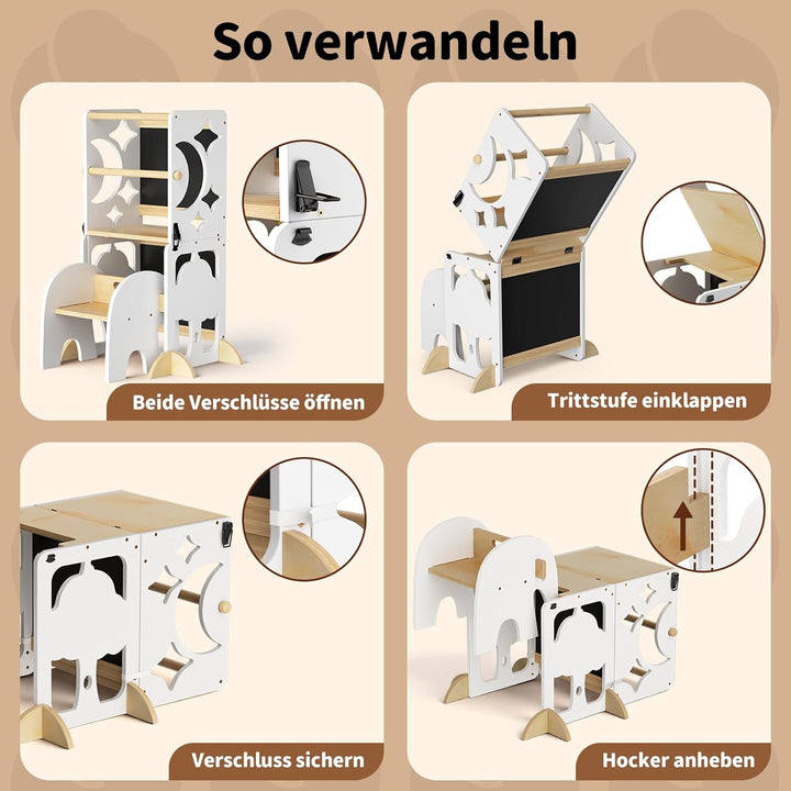COSYLAND Lernturm ab 1 Jahr, klappbar – 4in1 Lernturm Kinder mit Doppeltafel, Stehhilfe & Schreibtis