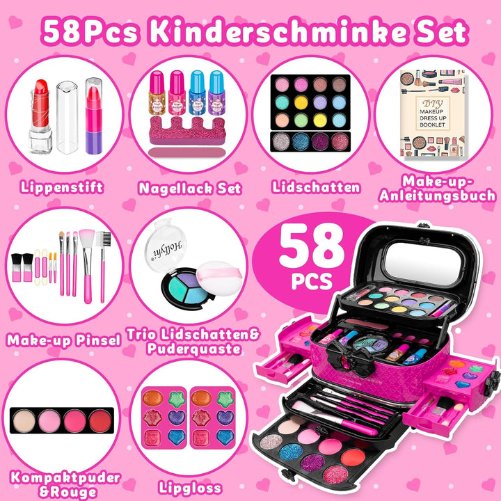 Hollyhi 58Pcs Wirklich Kinderschminke Set, Sicher Waschbar Schminkkoffer Mädchen Schminke Spielzeug,