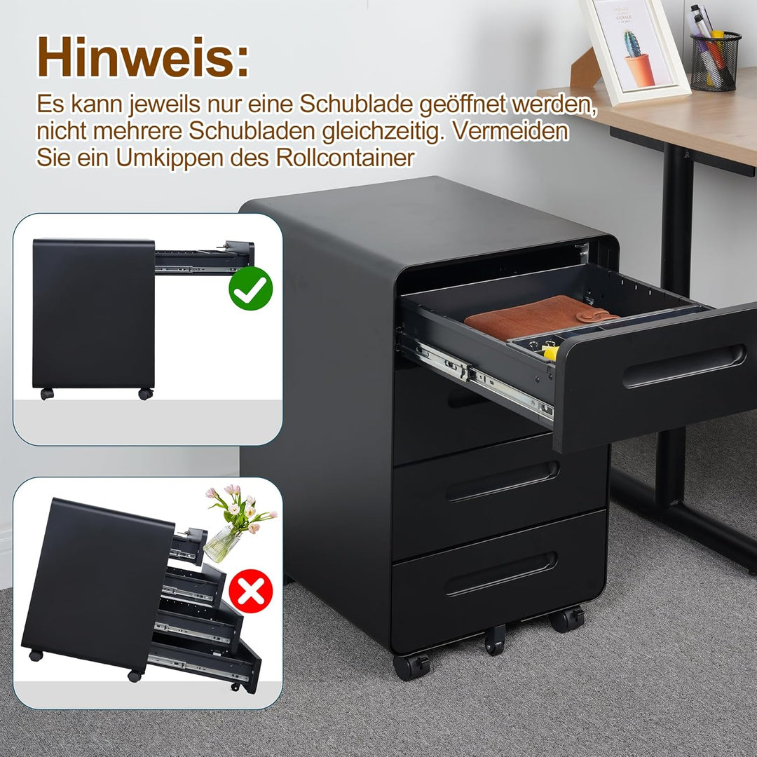 Rollcontainer, Mobiler Aktenschrank mit Schloss, Abgerundeten Ecken, 4 Schlüssel, 4 Schubladen, Büro