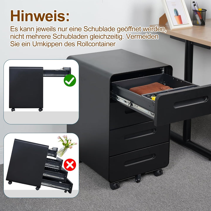 Rollcontainer, Mobiler Aktenschrank mit Schloss, Abgerundeten Ecken, 4 Schlüssel, 4 Schubladen, Büro