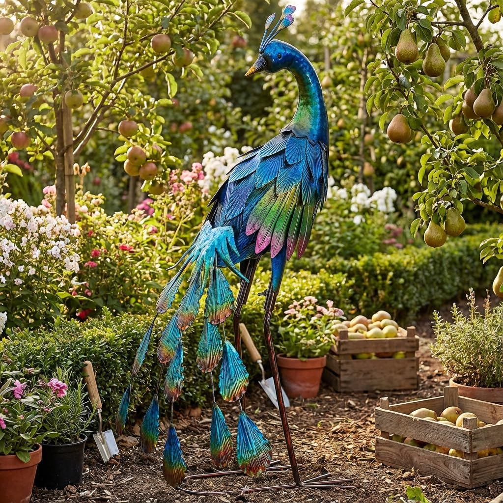 TERESA'S COLLECTIONS Gartenfigur für Aussen, Gartendeko für draussen, 57cm Metall Pfau Wetterfest Fi