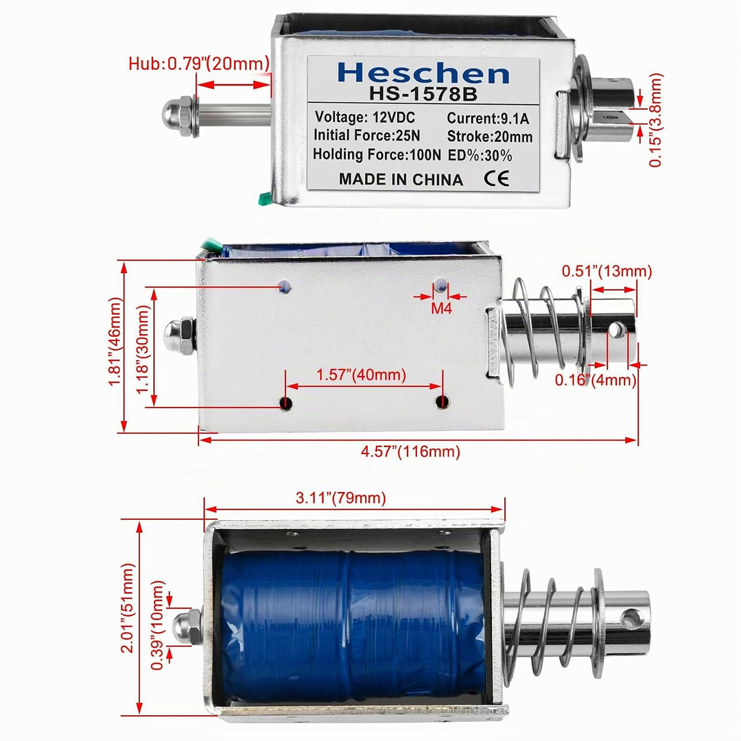 Heschen Magnet-Elektromagnet, HS-1578B, DC12 V, 4,8 A, 25 mm Hub, Kraft 50 N, Push-Pull-Typ, offener