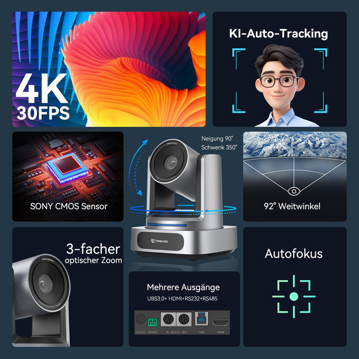 4K PTZ-Kamera mit KI-Autotracking, 3-fachem optischem Zoom, 92° Weitwinkel, USB 3.0 und HDMI. Konfer
