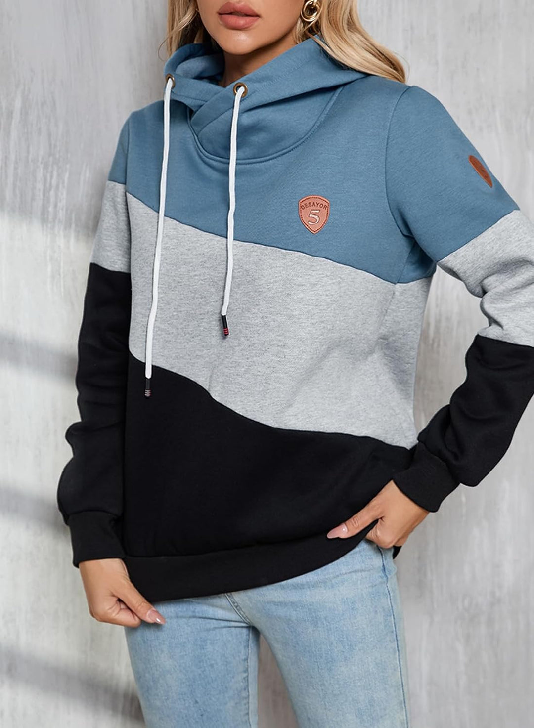 Damen Kapuzenpullover Stehkragen Hoodie Pullover Farbblock Sweatshirt Langarmshirt Oberteile für Her