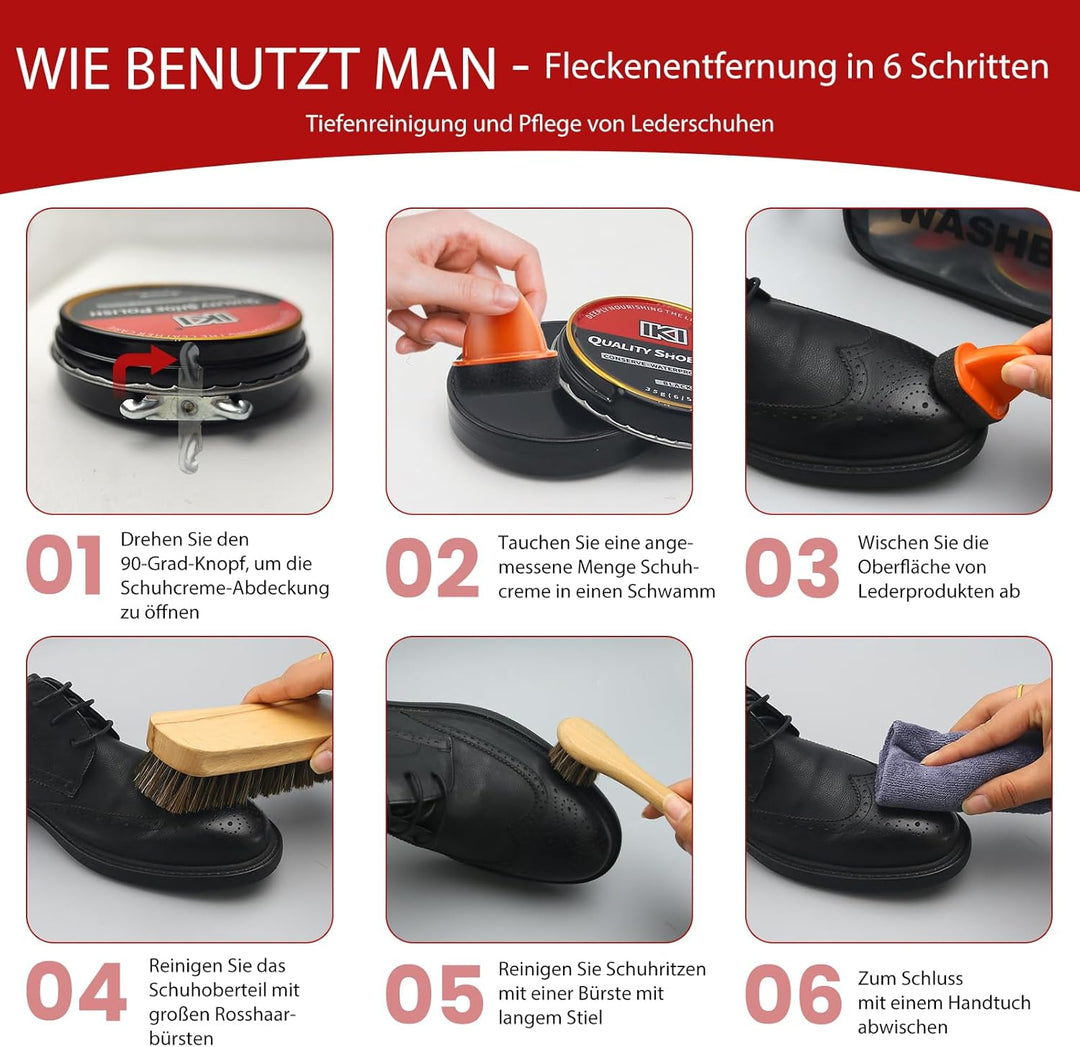 IKI 10tlg Schuhcreme & Pflegeset – Schuhputzset mit Schwarz Schuhcreme Pferdehaar Bürsten Für Leder