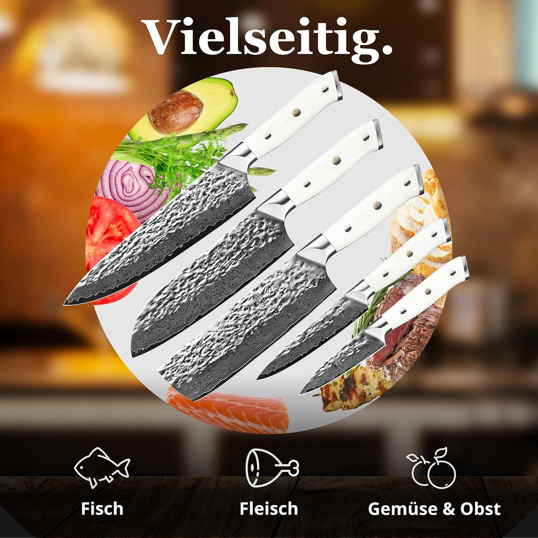 Wakoli Perle Blanche Damastmesser-Set mit Messerblock | 5-teilig, 9–20 cm Klingen aus 67 Lagen Damas