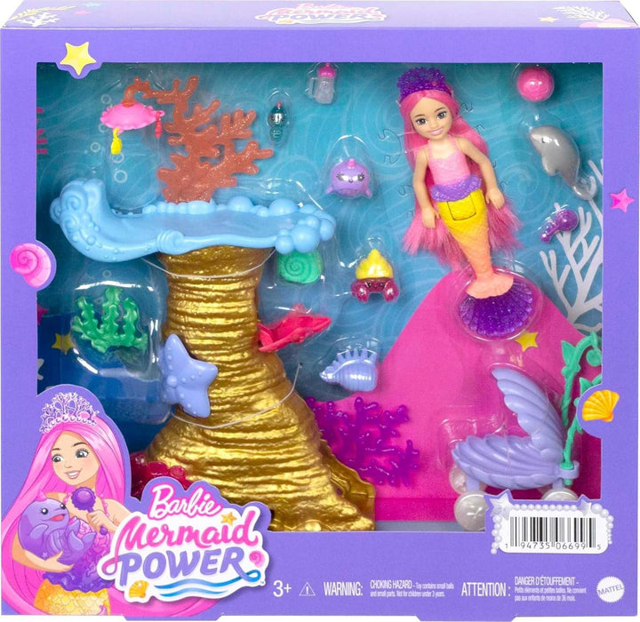 Barbie HHG58 - Meerjungfrauen Power Chelsea Meerjungfrau Puppe (Pinke Haare) Spielset mit 4 Haustier