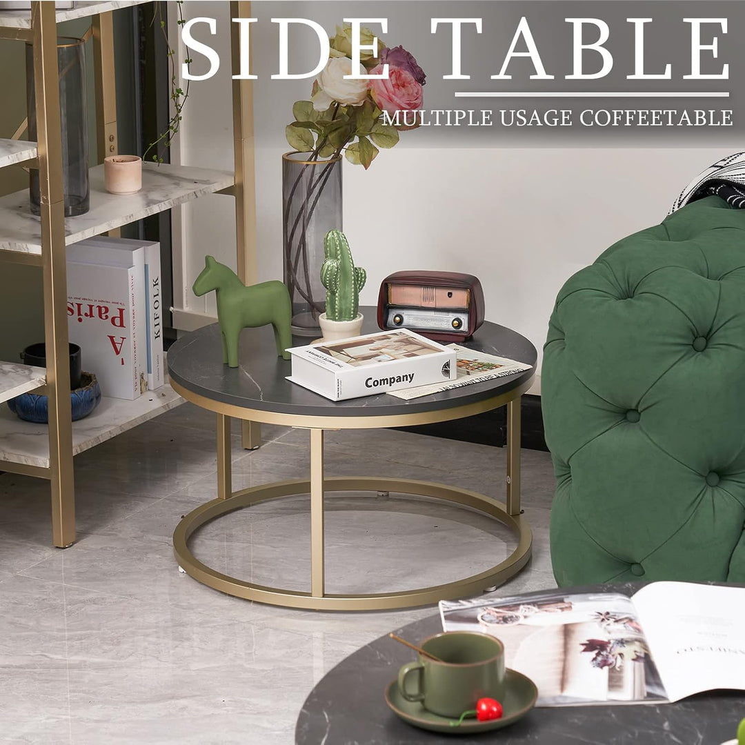 Soayone Couchtisch Rund 2er Set, Schwarz Marmor Couchtisch mit Gold Metallgestell, Beistelltisch Run