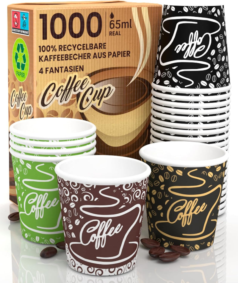 1000 Kaffeebecher aus Papier, 65 ml, CoffeeCUP Mix Umweltfreundliche Biologisch Abbaubare Einwegbech