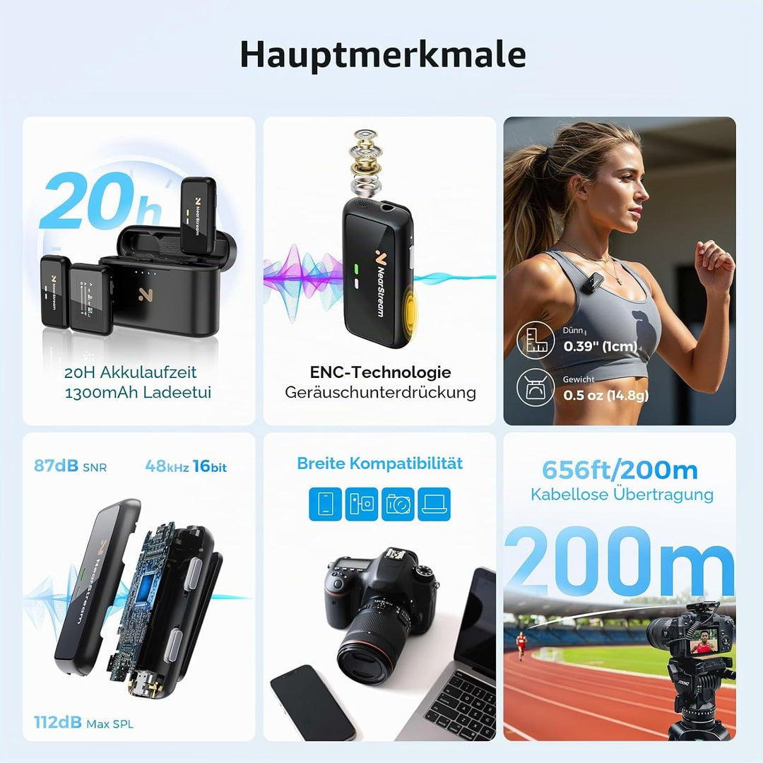 NearStream Wireless Lavalier Mikrofon für Android, iOS,Kamera,PC,iPhone,kabelloses Ansteckmikrofonsy