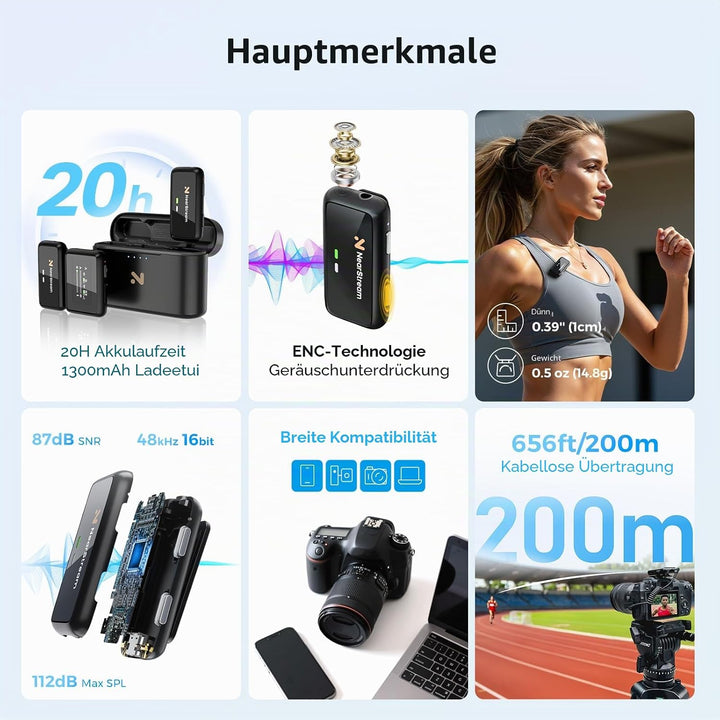 NearStream Wireless Lavalier Mikrofon für Android, iOS,Kamera,PC,iPhone,kabelloses Ansteckmikrofonsy