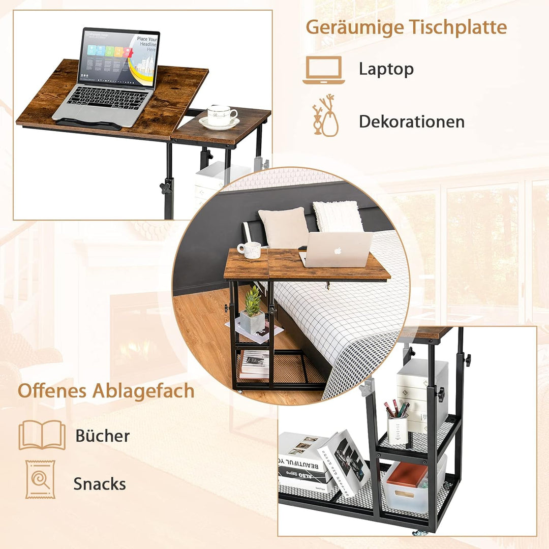 COSTWAY Laptoptisch mit höhen- und neigungsverstellbar, 3 Ebenen Beistelltisch Vintage, C-förmiger S