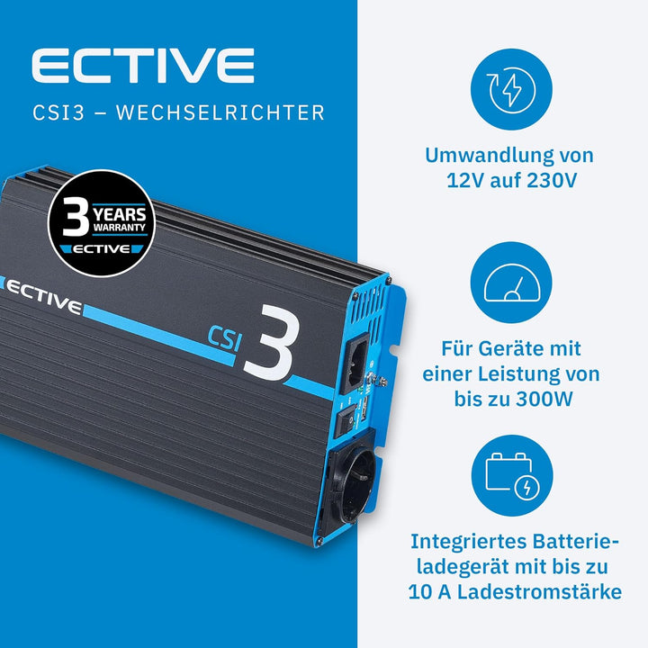 ECTIVE Reiner Sinsus Wechselrichter CSI 3-300W, 12V auf 230V, USB, USV Funktion, Überhitzungsschutz,