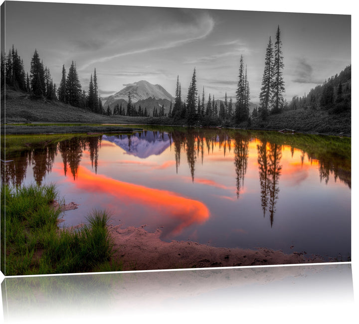 Sonnenaufgang an kleinem Bergsee schwarz/weiss Format: 100x70 auf Leinwand, XXL riesige Bilder ferti