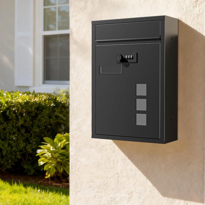 Wiltec Briefkasten schwarz 215x320x90mm Briefkasten mit Zahlenschloss, Namensschild und Sichtfenster