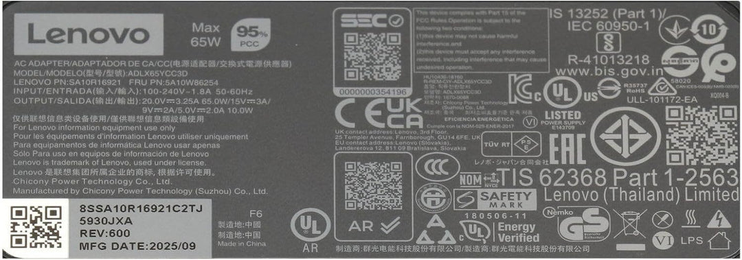 Lenovo SA10M13950 Original USB-C Netzteil 65 Watt Normale Bauform für ThinkPad Yoga 11e (20LN), 11e
