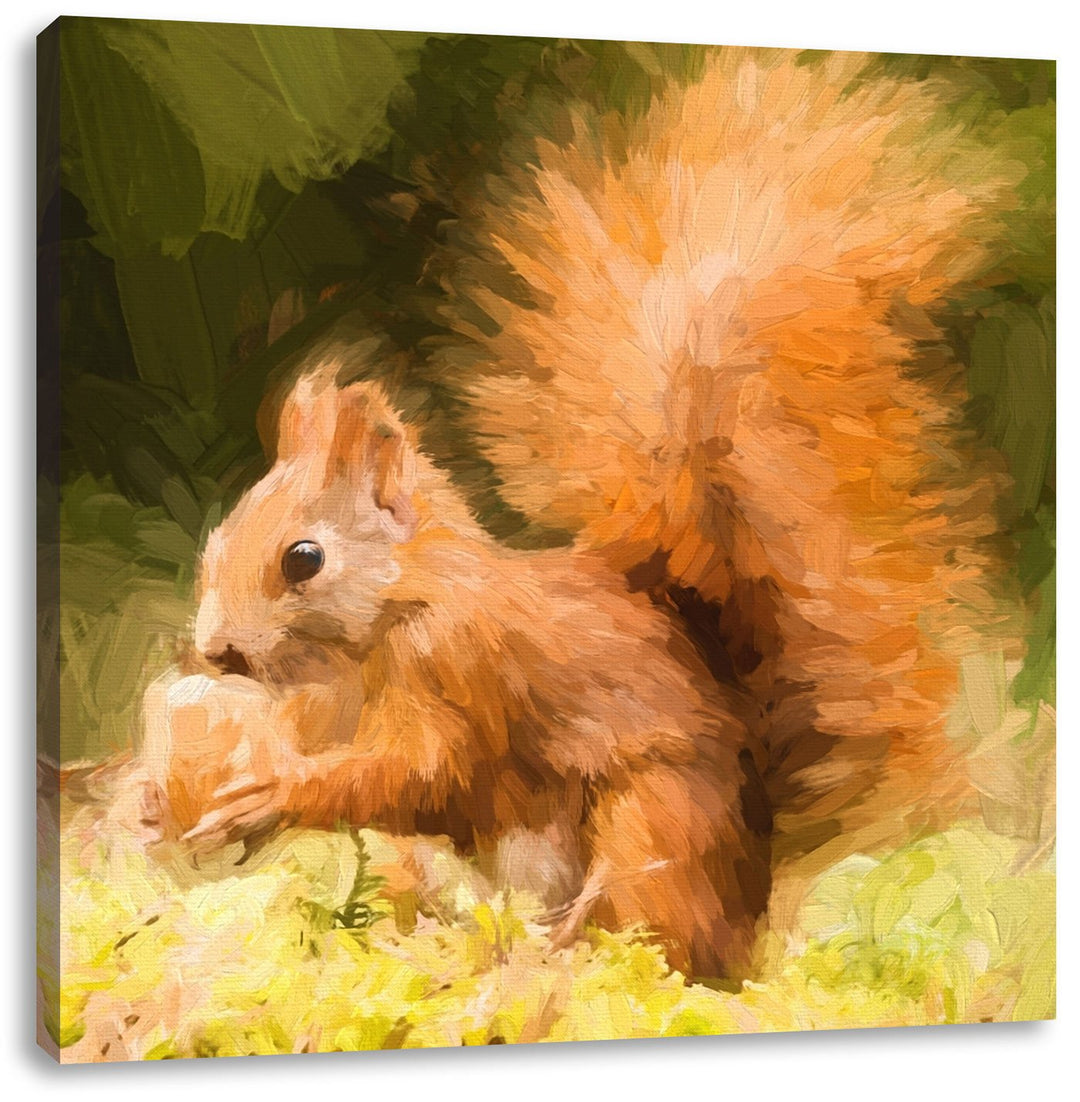 Pixxprint Eichhörnchen mit Nuss als Leinwandbild/Grösse: 70x70 cm/Wandbild/Kunstdruck/fertig bespann