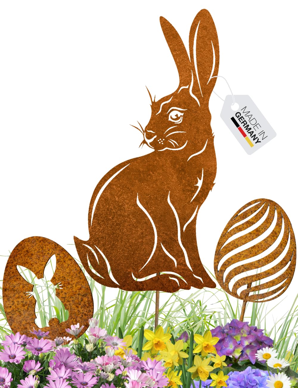 Terma Stahldesign Edelrost Osterdeko Set 3ST Osterhase mit Zwei Eier Handmade Germany, tolle gartend